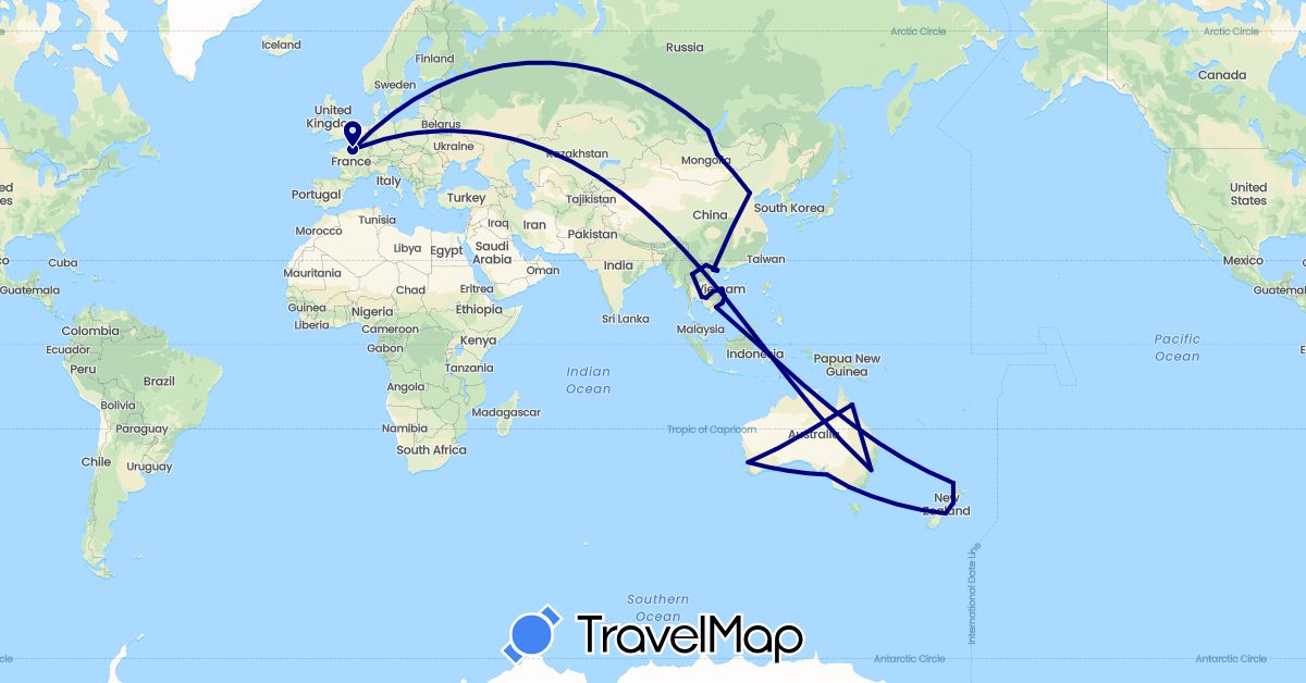 TravelMap itinerary: driving in Australia, China, France, Cambodia, Laos, Mongolia, New Zealand, Russia, Thailand, Vietnam (Asia, Europe, Oceania)